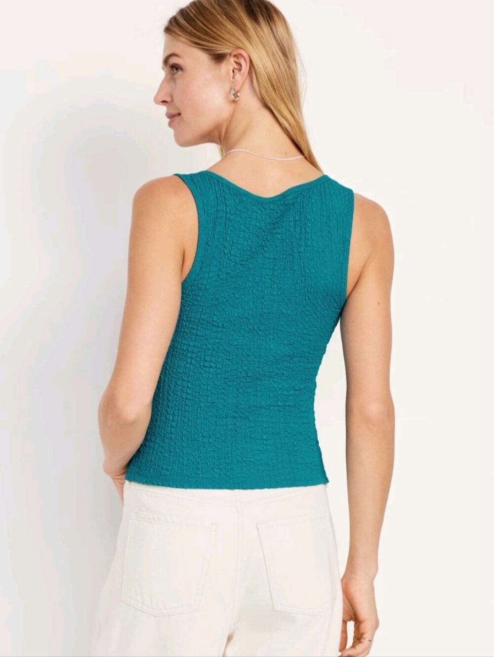 Old Navy Teal Blue Smocked Textured Square Neck Tank Top Size Large - Picture 3 of 7